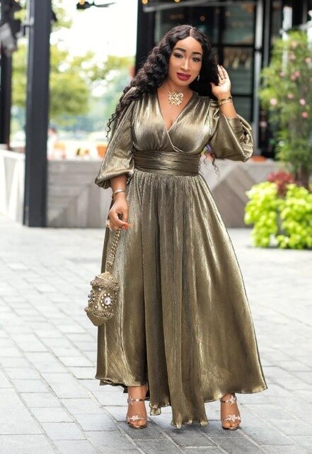 Golden Shiny Wrap High Slit Dress ...